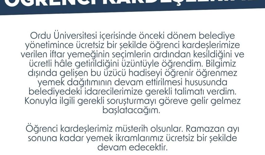 Ulaş Tepe Ordu Üniversitesinin düzenlediği iftar yemeğinin kesilmesini kınadı